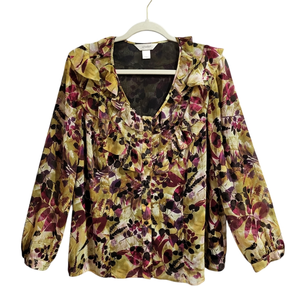 CJ Banks Blouse Sz X Dark Floral Print Button Up Ruffles Long Sleeve Artsy Flowy